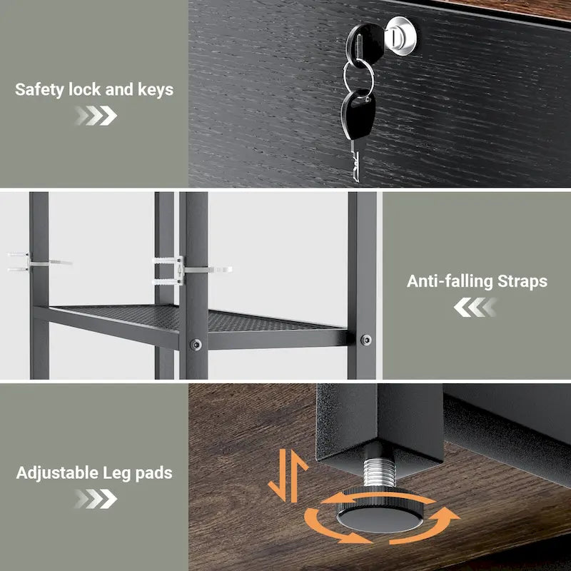 Rustic Brown Industrial Wood File Cabinet with Open Shelves and Charging Station