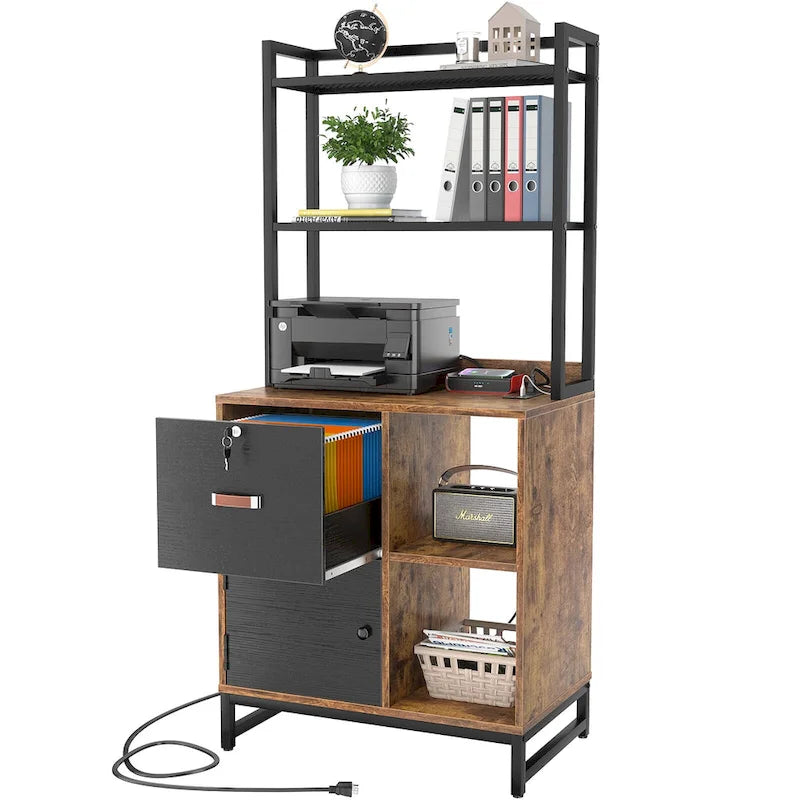 Rustic Brown Industrial Wood File Cabinet with Open Shelves and Charging Station