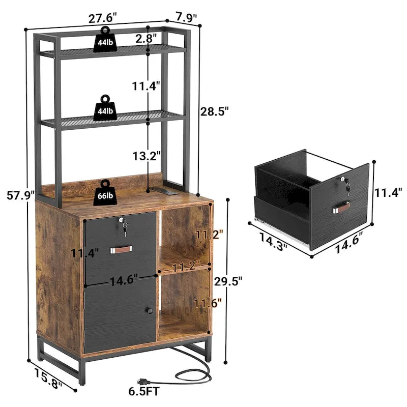Rustic Brown Industrial Wood File Cabinet with Open Shelves and Charging Station