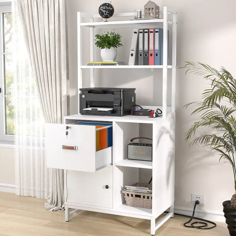 Rustic Brown Industrial Wood File Cabinet with Open Shelves and Charging Station