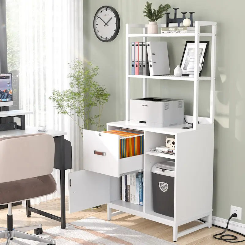 Rustic Brown Industrial Wood File Cabinet with Open Shelves and Charging Station