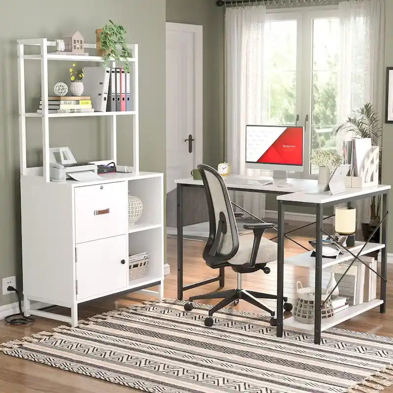 Rustic Brown Industrial Wood File Cabinet with Open Shelves and Charging Station