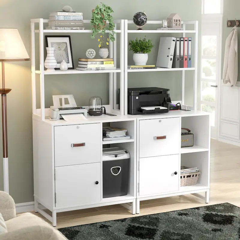 Rustic Brown Industrial Wood File Cabinet with Open Shelves and Charging Station