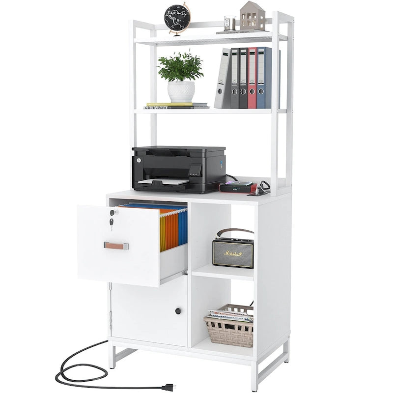 Rustic Brown Industrial Wood File Cabinet with Open Shelves and Charging Station