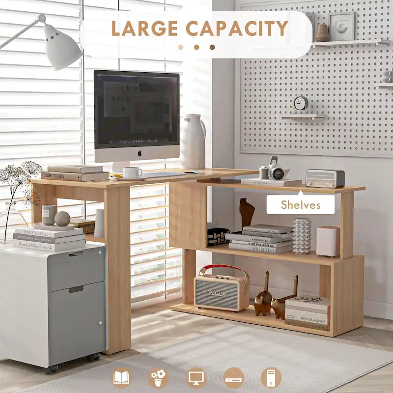 L-Shaped Corner Desk with Rotating Storage Shelves Natural Oak Finish