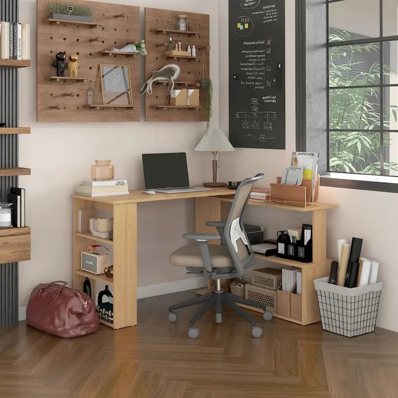 L-Shaped Corner Desk with Rotating Storage Shelves Natural Oak Finish