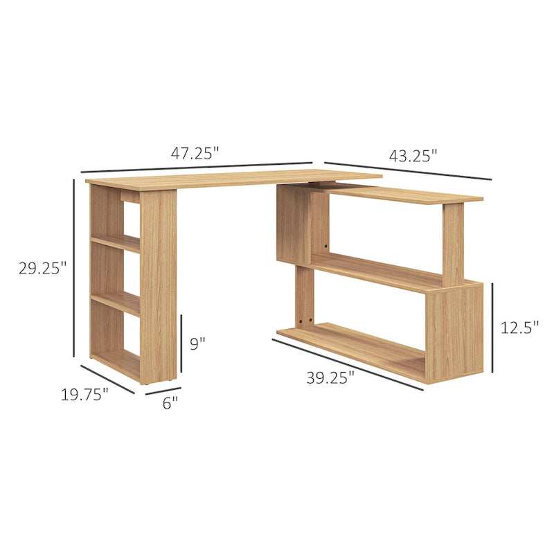 L-Shaped Corner Desk with Rotating Storage Shelves Natural Oak Finish