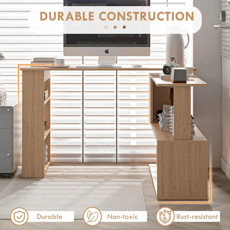 L-Shaped Corner Desk with Rotating Storage Shelves Natural Oak Finish