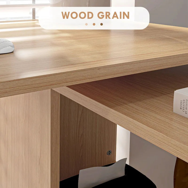 L-Shaped Corner Desk with Rotating Storage Shelves Natural Oak Finish