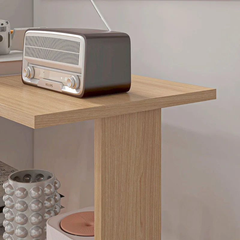 L-Shaped Corner Desk with Rotating Storage Shelves Natural Oak Finish