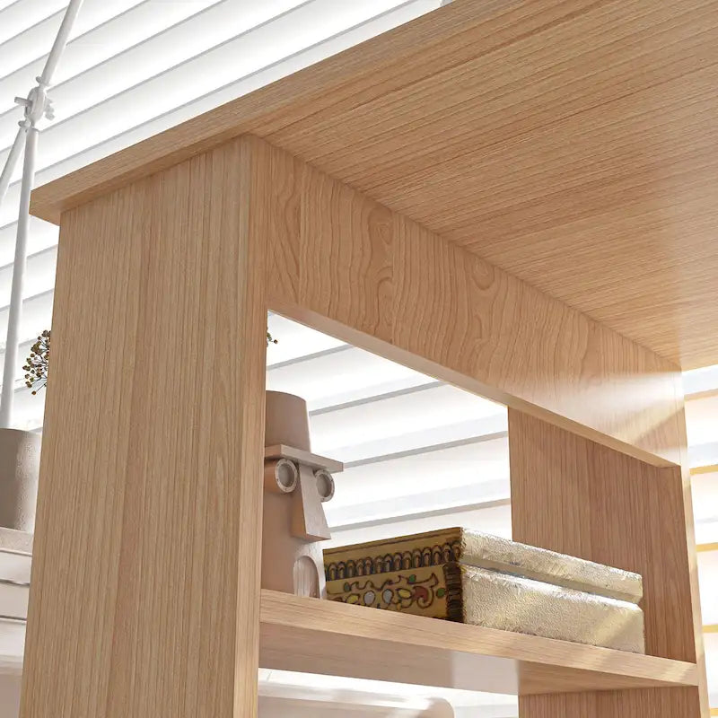 L-Shaped Corner Desk with Rotating Storage Shelves Natural Oak Finish