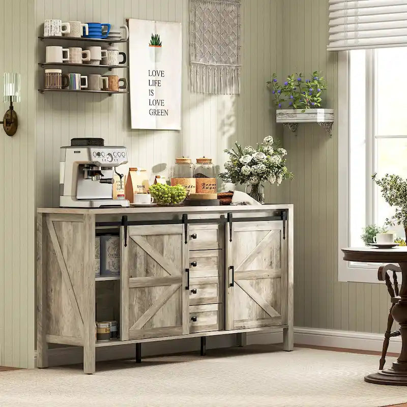 Farmhouse Sideboard Buffet Cabinet with Sliding Barn Doors, Gray Wash