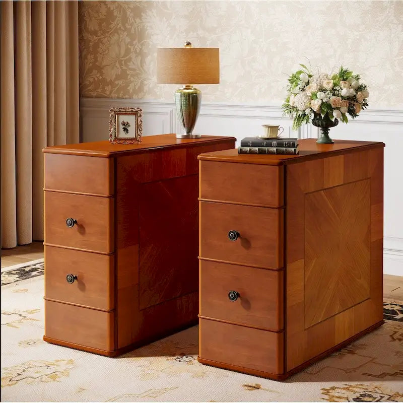 Brown Wooden Bedside Nightstand End Table with Two Drawers Classic Style