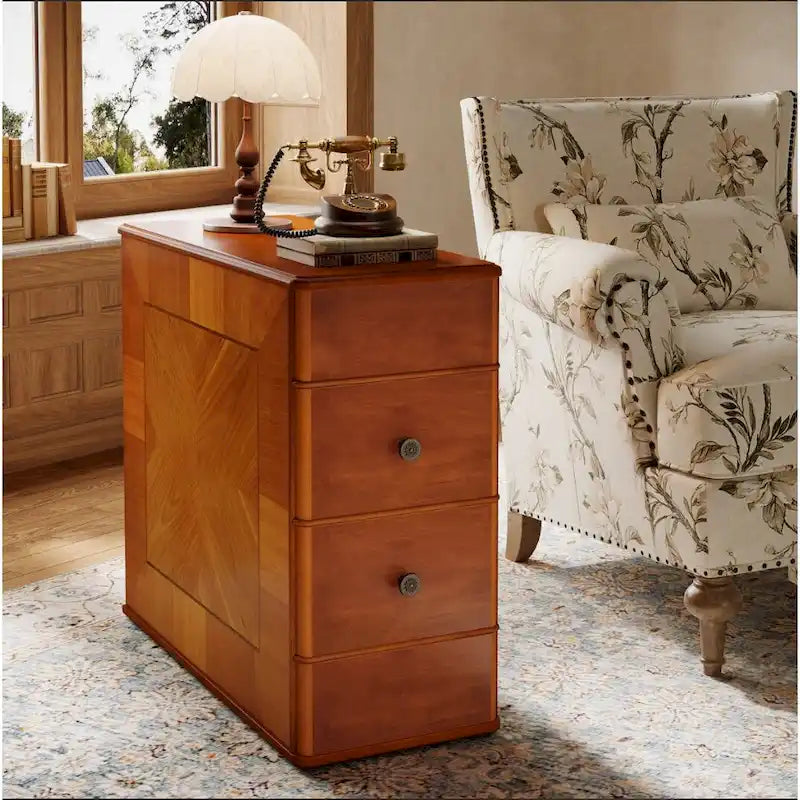 Brown Wooden Bedside Nightstand End Table with Two Drawers Classic Style