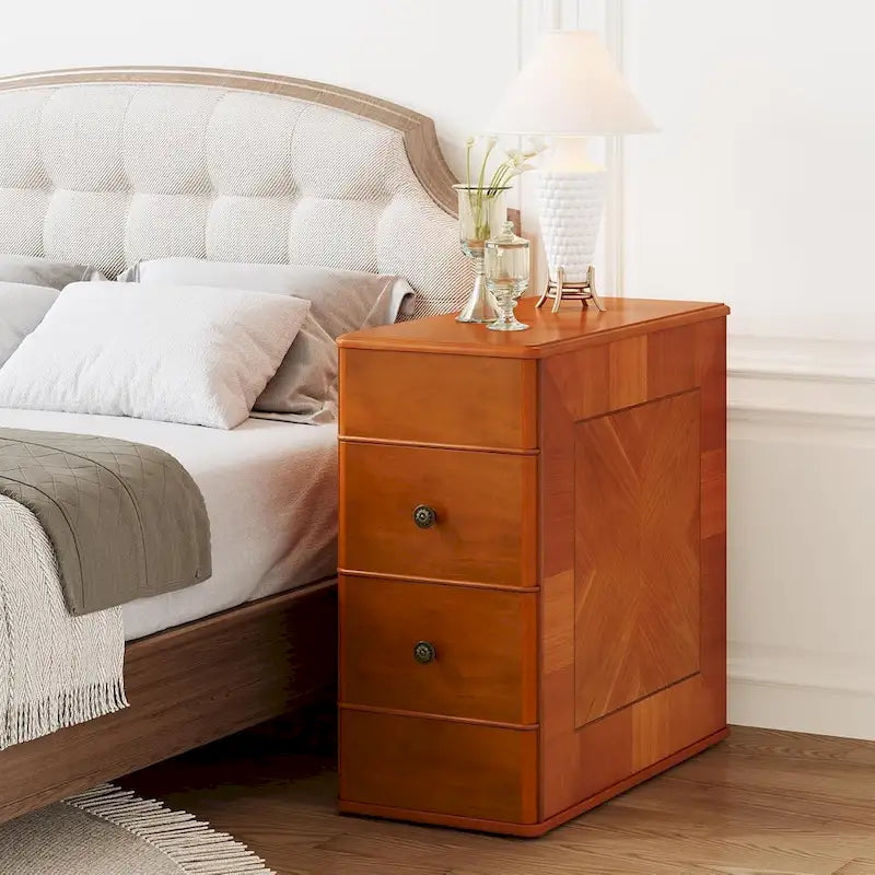 Brown Wooden Bedside Nightstand End Table with Two Drawers Classic Style
