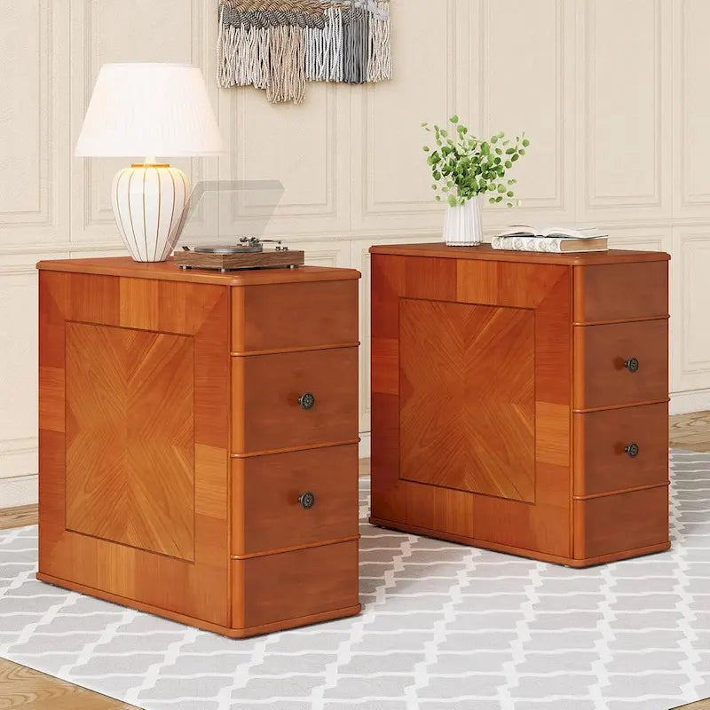 Brown Wooden Bedside Nightstand End Table with Two Drawers Classic Style