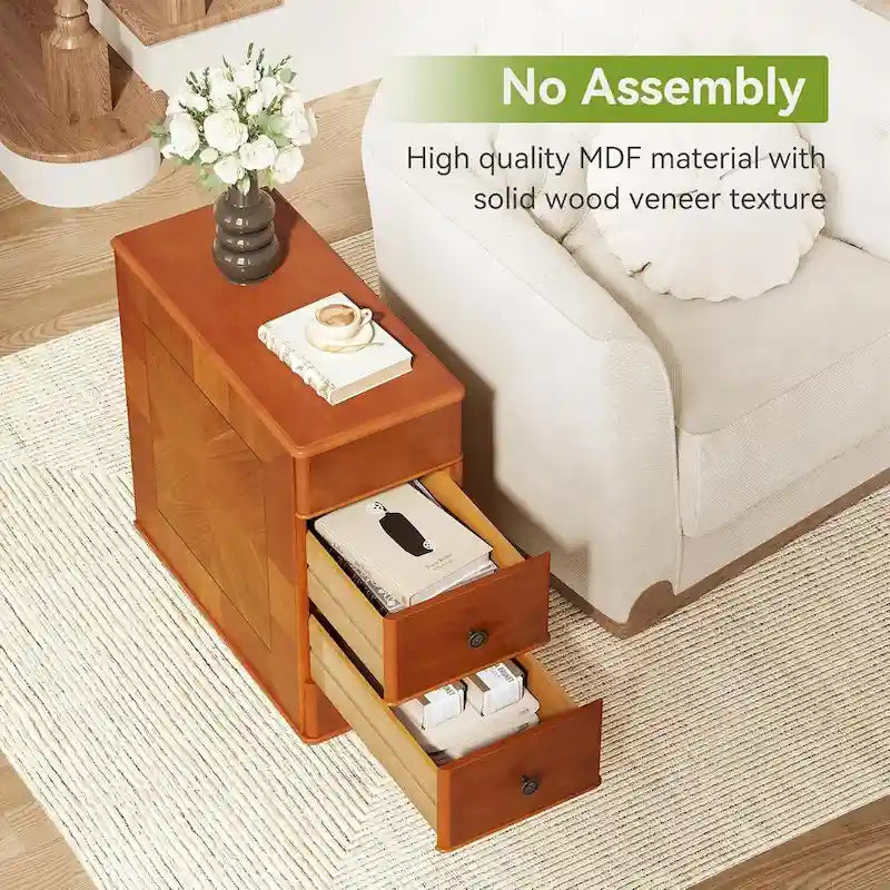 Brown Wooden Bedside Nightstand End Table with Two Drawers Classic Style