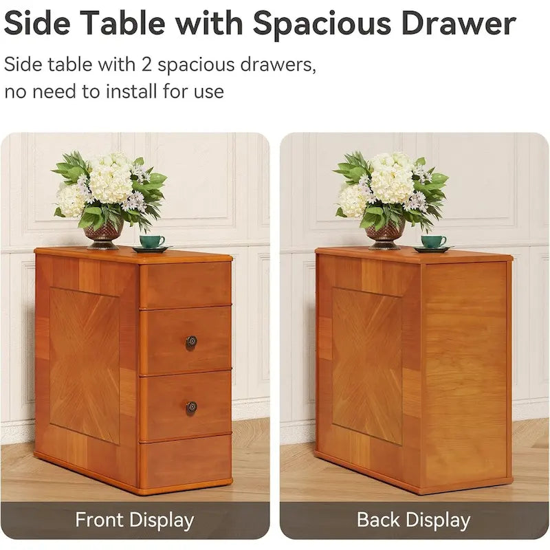 Brown Wooden Bedside Nightstand End Table with Two Drawers Classic Style