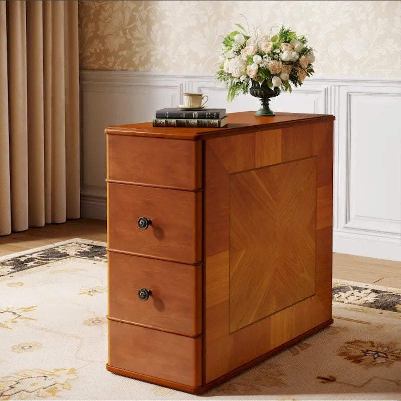 Brown Wooden Bedside Nightstand End Table with Two Drawers Classic Style