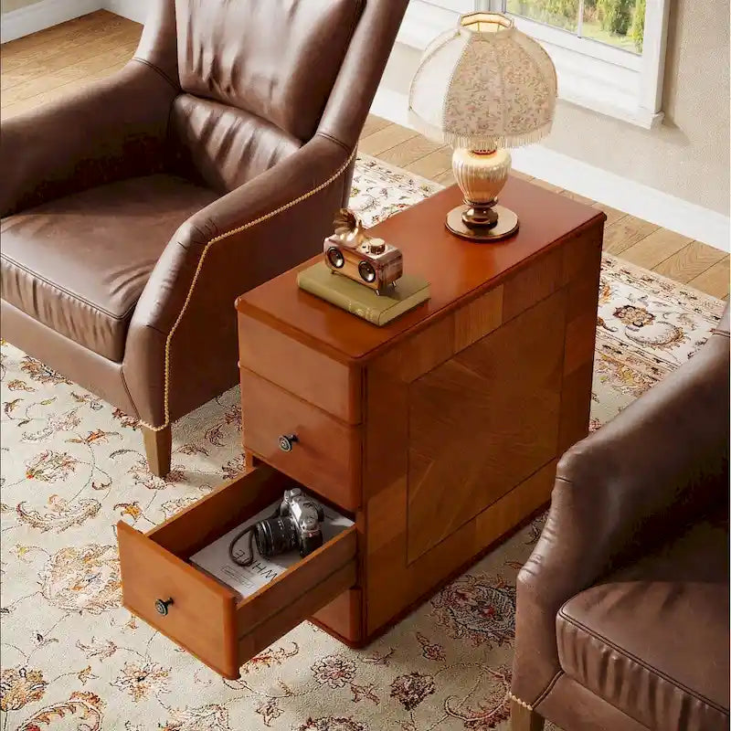 Brown Wooden Bedside Nightstand End Table with Two Drawers Classic Style