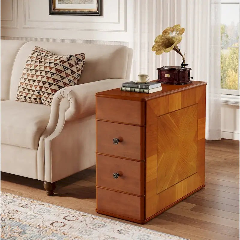 Brown Wooden Bedside Nightstand End Table with Two Drawers Classic Style