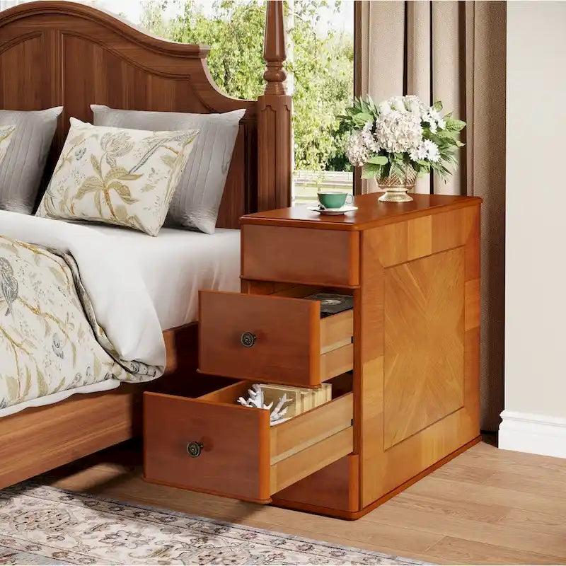 Brown Wooden Bedside Nightstand End Table with Two Drawers Classic Style