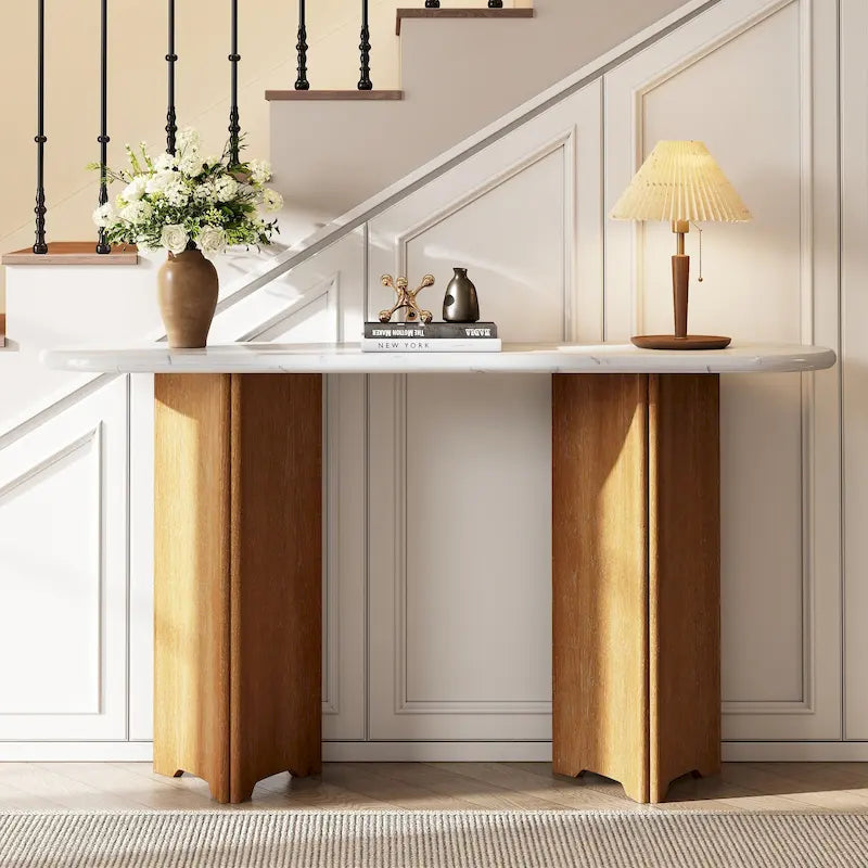 Faux Marble Top Entryway Console Table with Sturdy Wooden Legs, Navy Blue