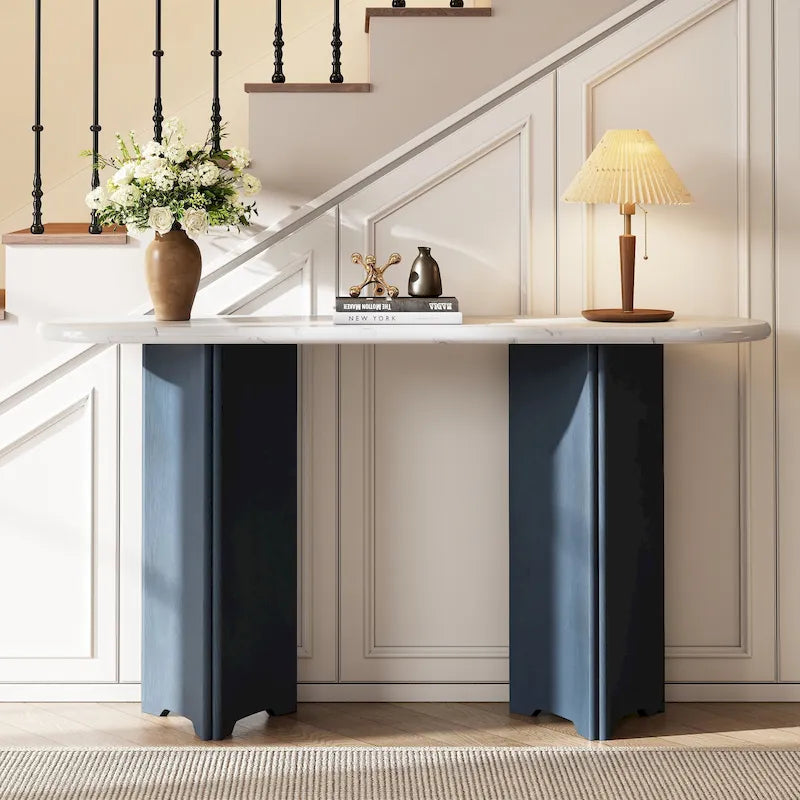 Faux Marble Top Entryway Console Table with Sturdy Wooden Legs, Navy Blue