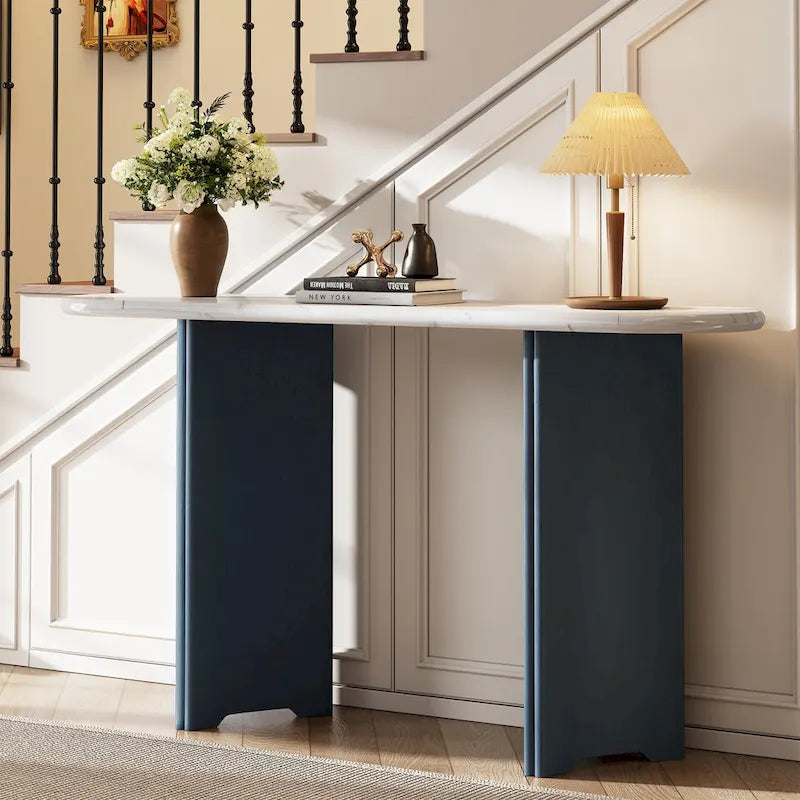 Faux Marble Top Entryway Console Table with Sturdy Wooden Legs, Navy Blue
