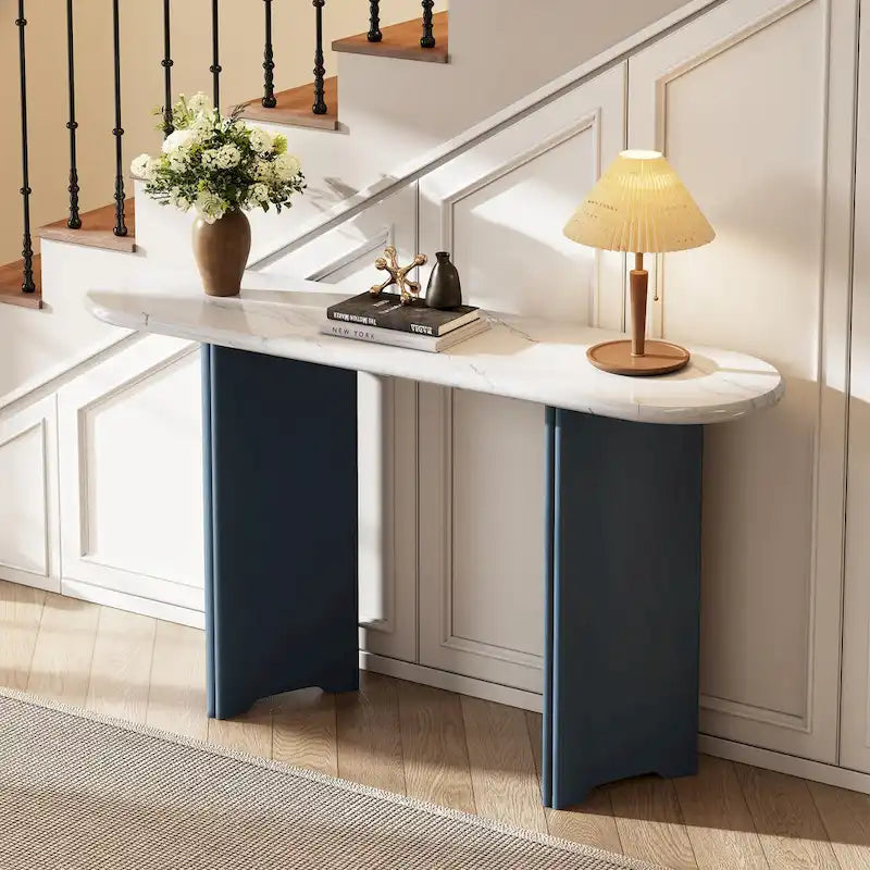 Faux Marble Top Entryway Console Table with Sturdy Wooden Legs, Navy Blue