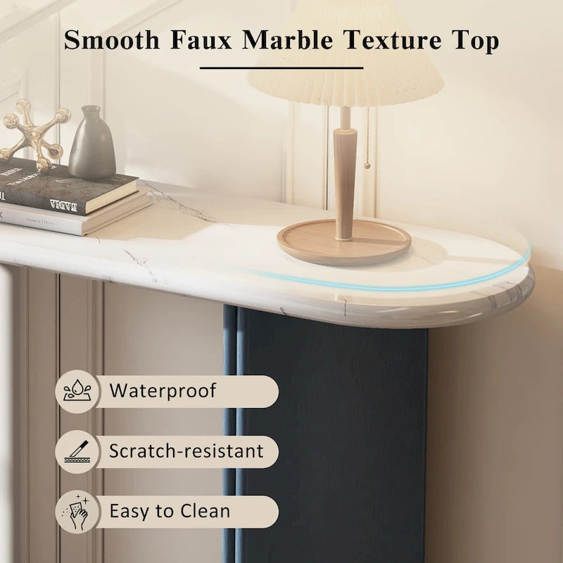 Faux Marble Top Entryway Console Table with Sturdy Wooden Legs, Navy Blue