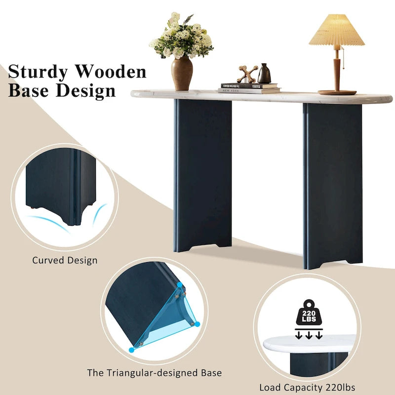 Faux Marble Top Entryway Console Table with Sturdy Wooden Legs, Navy Blue