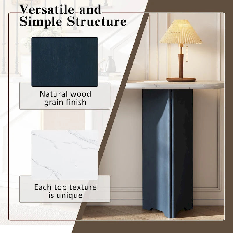 Faux Marble Top Entryway Console Table with Sturdy Wooden Legs, Navy Blue