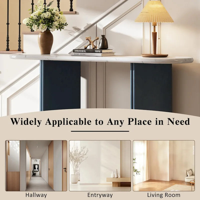 Faux Marble Top Entryway Console Table with Sturdy Wooden Legs, Navy Blue