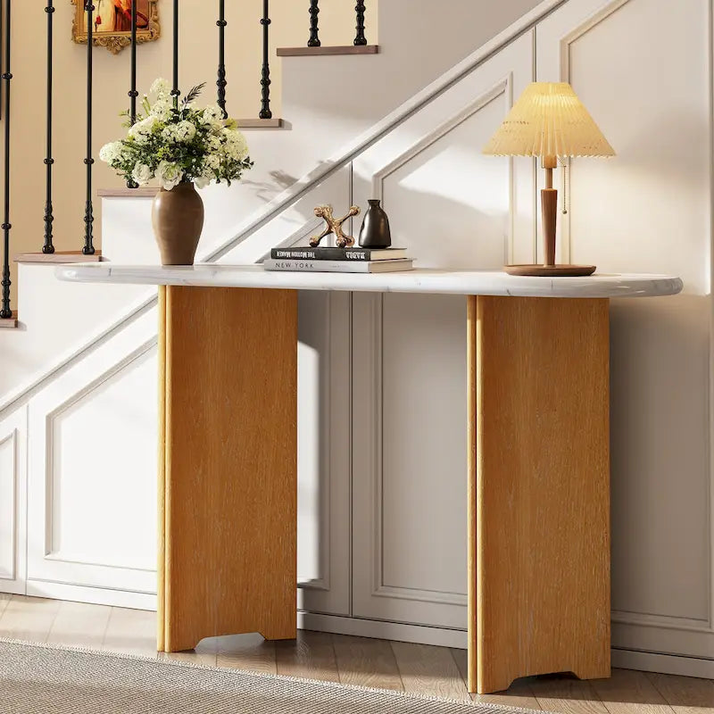 Faux Marble Top Entryway Console Table with Sturdy Wooden Legs, Navy Blue