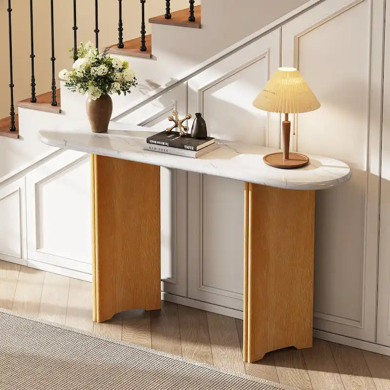 Faux Marble Top Entryway Console Table with Sturdy Wooden Legs, Navy Blue