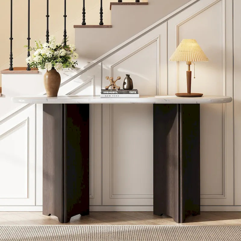 Faux Marble Top Entryway Console Table with Sturdy Wooden Legs, Navy Blue