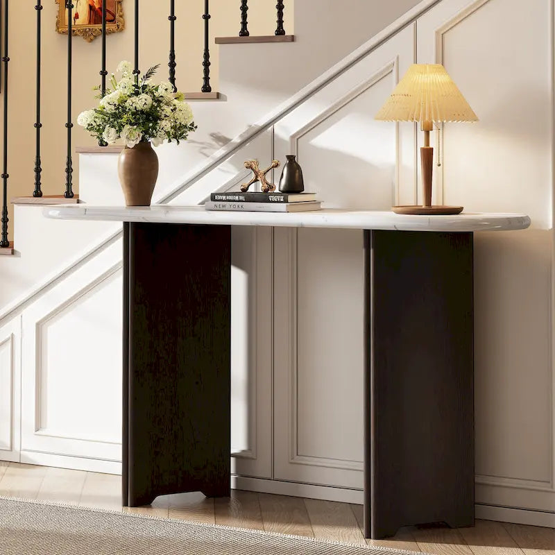 Faux Marble Top Entryway Console Table with Sturdy Wooden Legs, Navy Blue