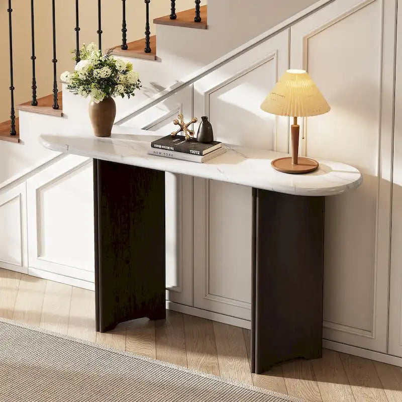 Faux Marble Top Entryway Console Table with Sturdy Wooden Legs, Navy Blue
