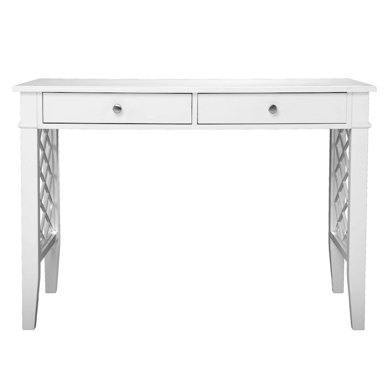 White Lattice Writing Desk with Two Drawers and Brushed Nickel Accents