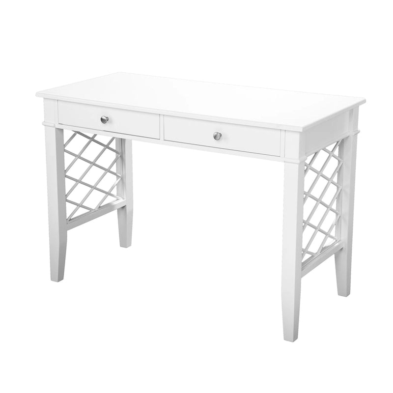 White Lattice Writing Desk with Two Drawers and Brushed Nickel Accents