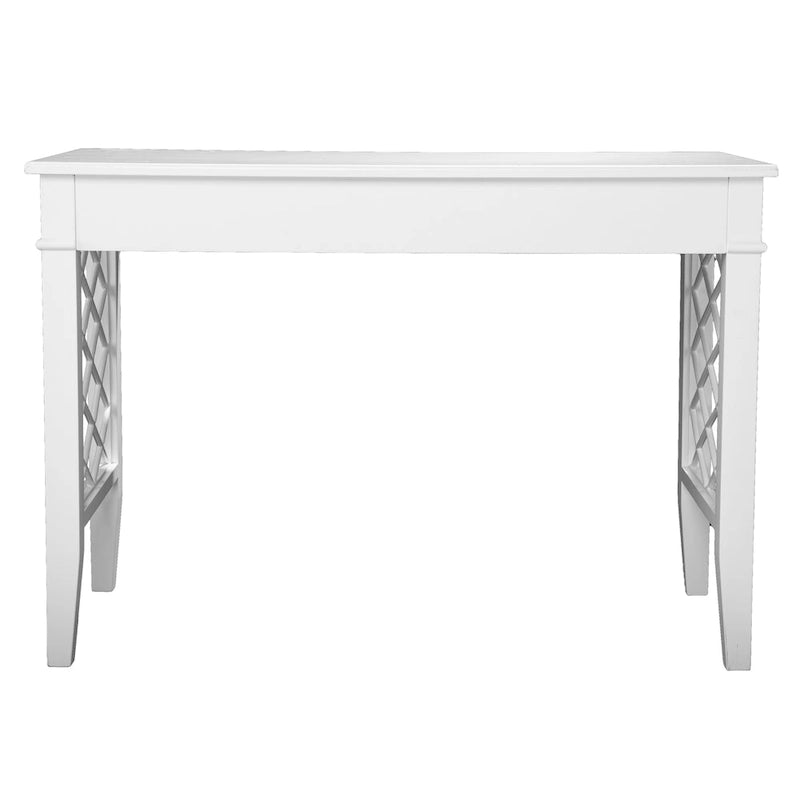 White Lattice Writing Desk with Two Drawers and Brushed Nickel Accents