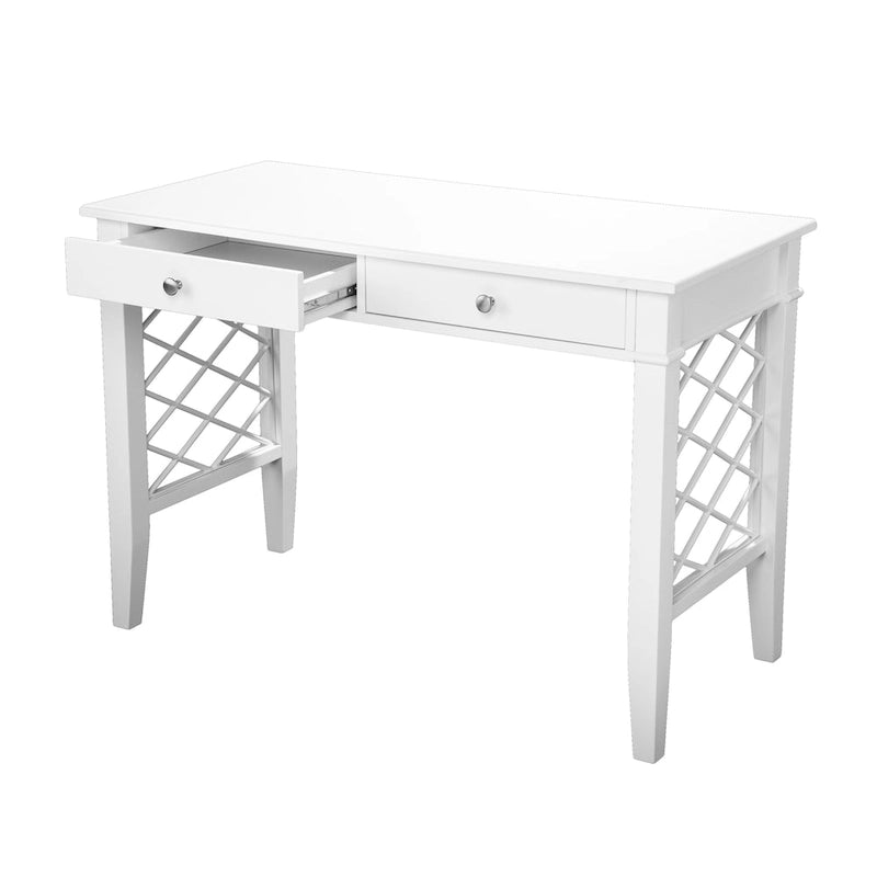 White Lattice Writing Desk with Two Drawers and Brushed Nickel Accents