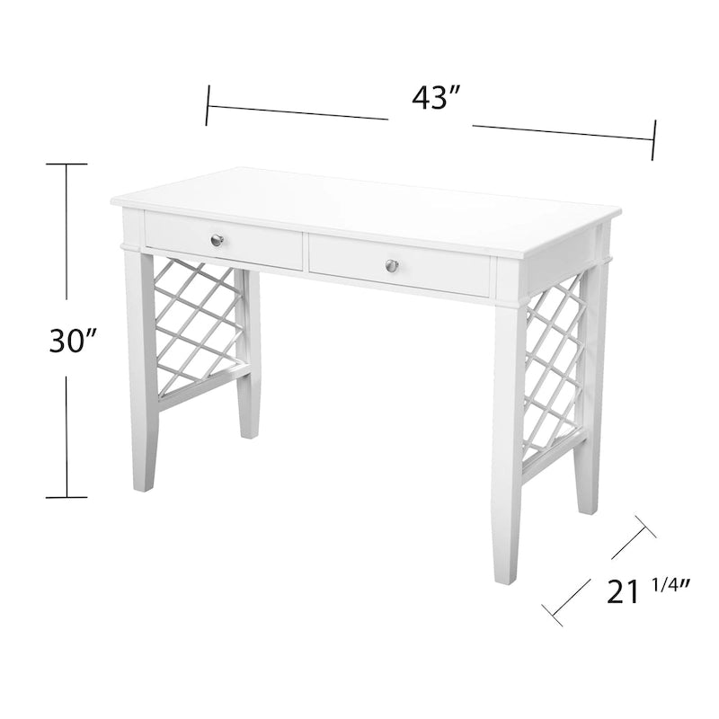 White Lattice Writing Desk with Two Drawers and Brushed Nickel Accents