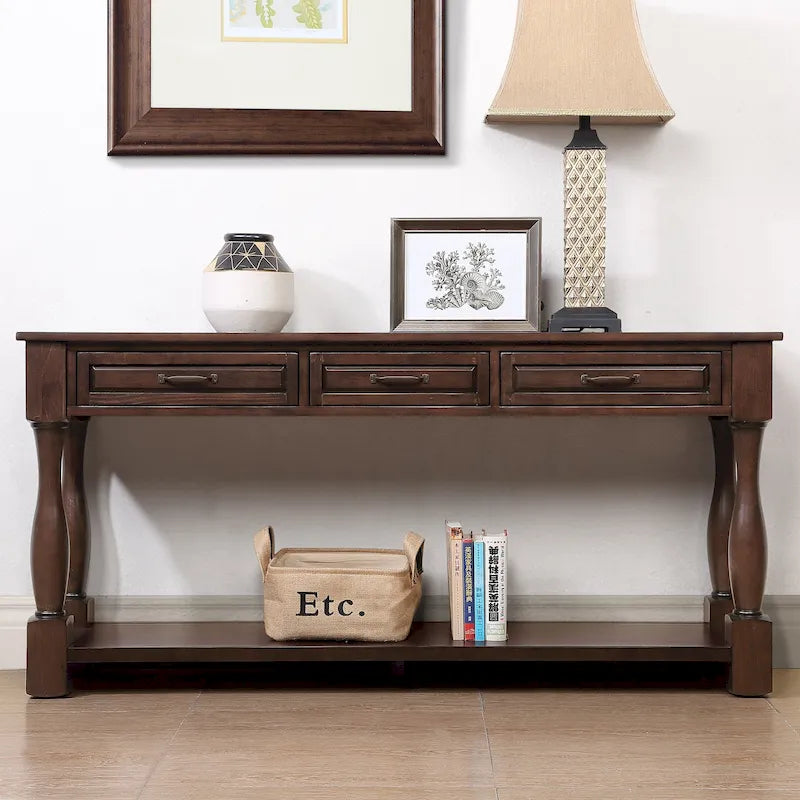 Solid Wood Console Table with 3 Drawers Bottom Shelf Retro Style