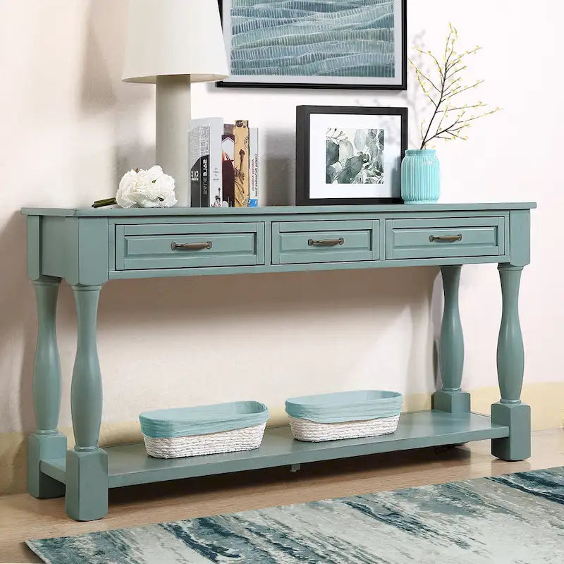 Solid Wood Console Table with 3 Drawers Bottom Shelf Retro Style