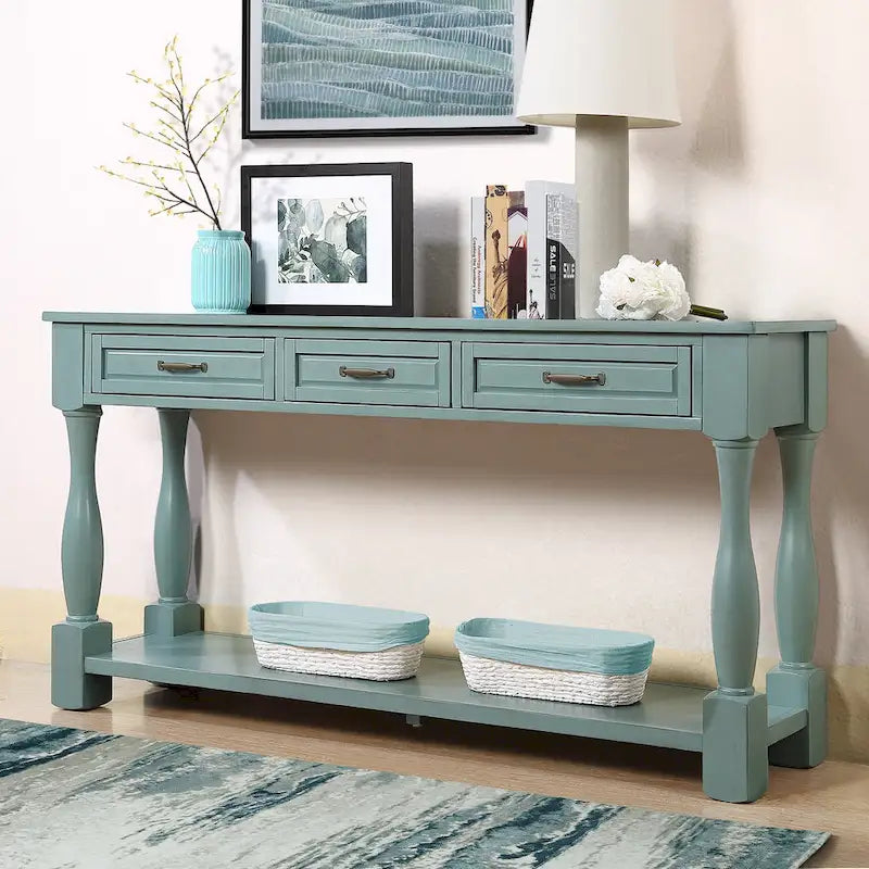 Solid Wood Console Table with 3 Drawers Bottom Shelf Retro Style