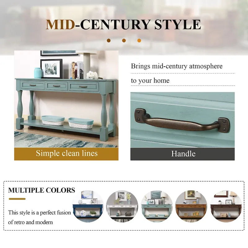 Solid Wood Console Table with 3 Drawers Bottom Shelf Retro Style