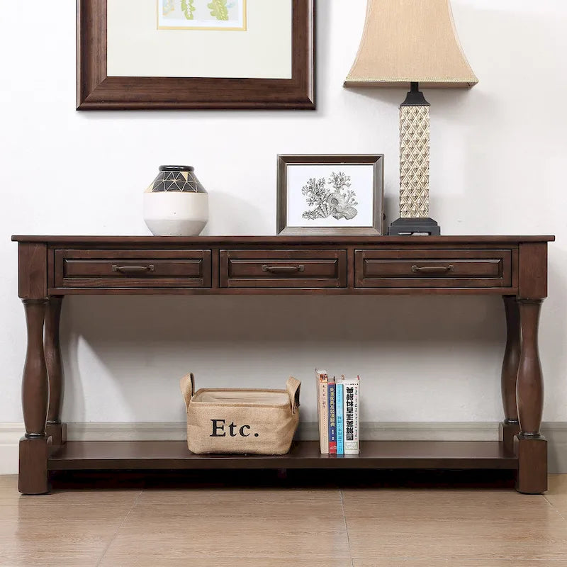 Solid Wood Console Table with 3 Drawers Bottom Shelf Retro Style