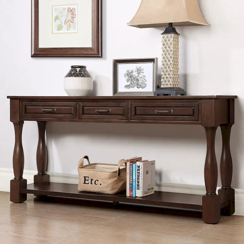 Solid Wood Console Table with 3 Drawers Bottom Shelf Retro Style